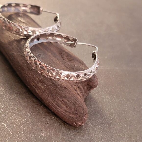 Sterling Vintage 70's Openwork Diamond Cut 1 3/4" Hoop Earrings - Picture 6 of 8